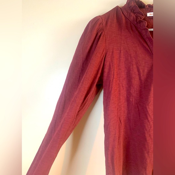 Sundry Burgundy Ruffle Neck Long Sleeve Henley Top NWOT - Picture 3 of 8
